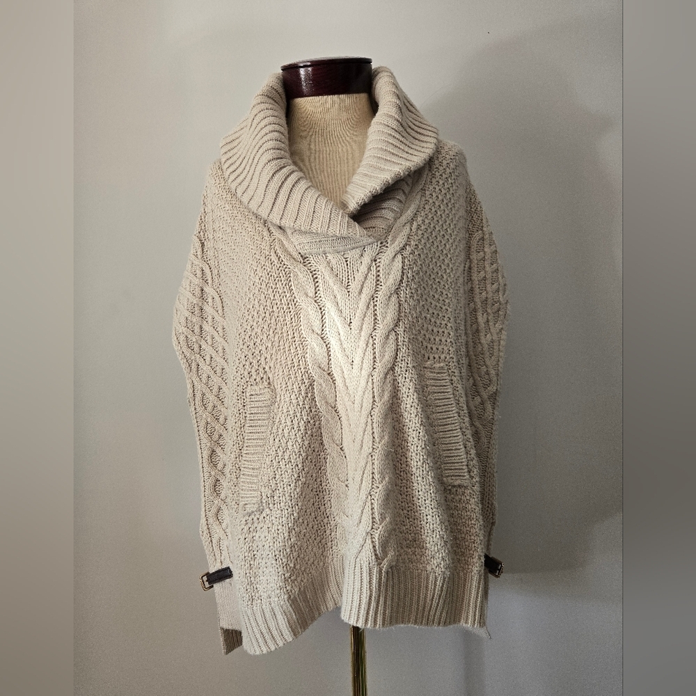 CLICHÉ COUTURE Shawl Neck Cream Cable Knit Sleeveless Wool Sweater Size Large
